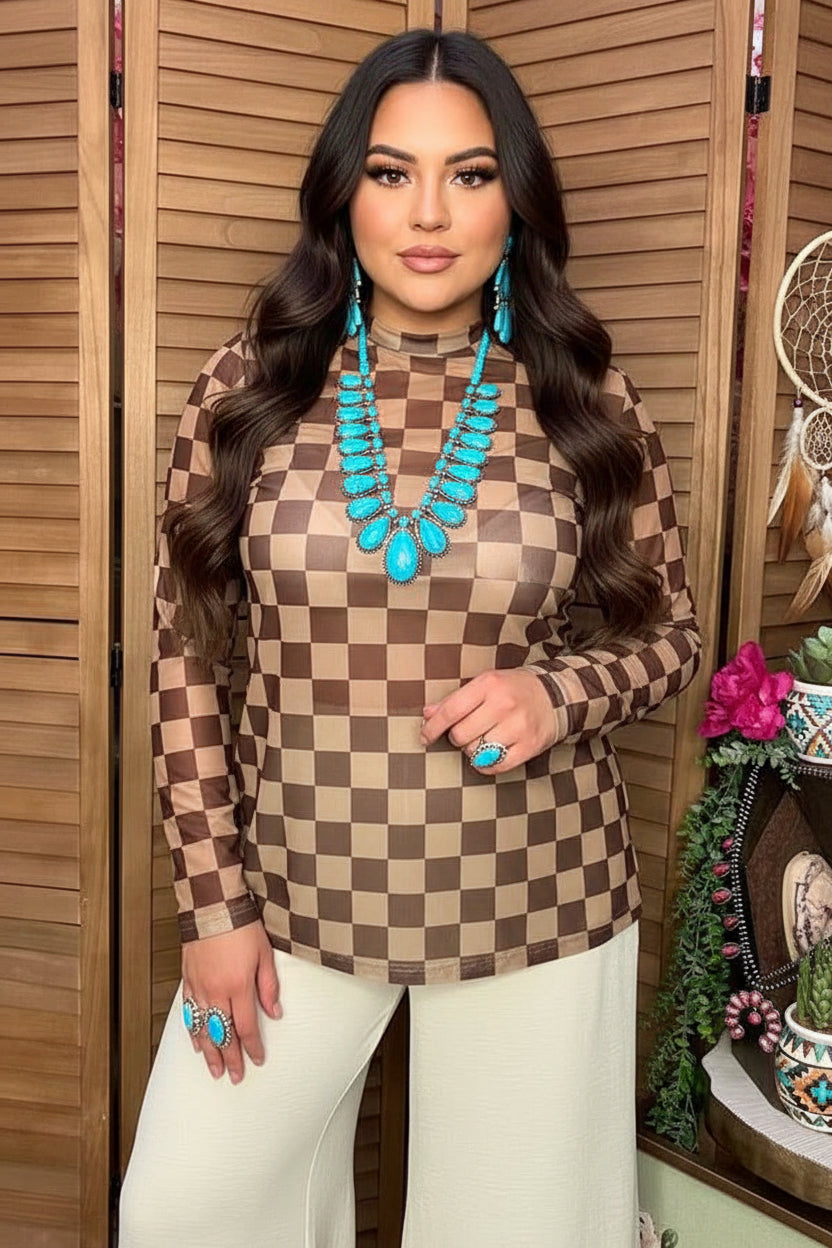 Brown Checkered Mesh Mock Neck Top