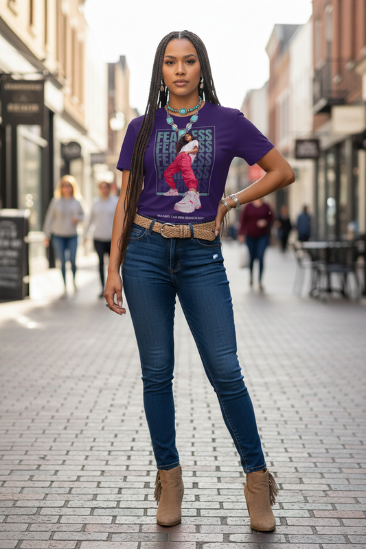 Fearless Purple Tee – Native American Woman Model Shopping