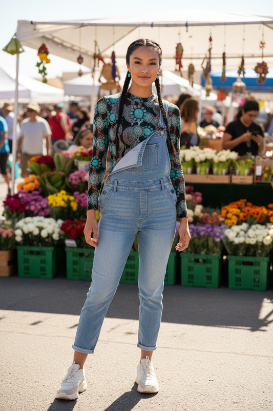 Young Native American model in overalls at farmers market