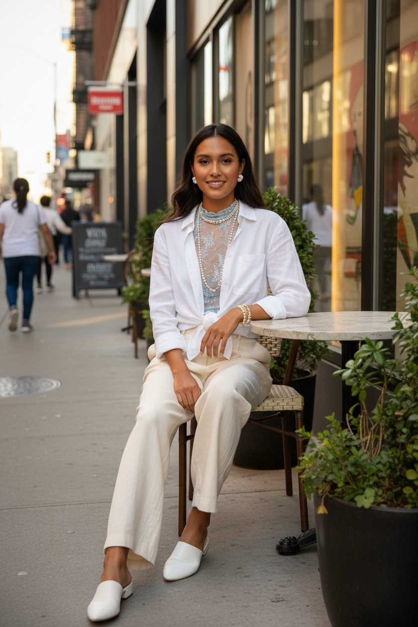 2026 casual chic city street style with white shell jewelry
