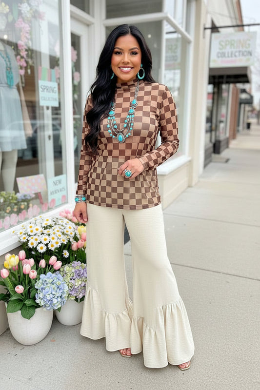 Brown Checkered Mesh Mock Neck Top