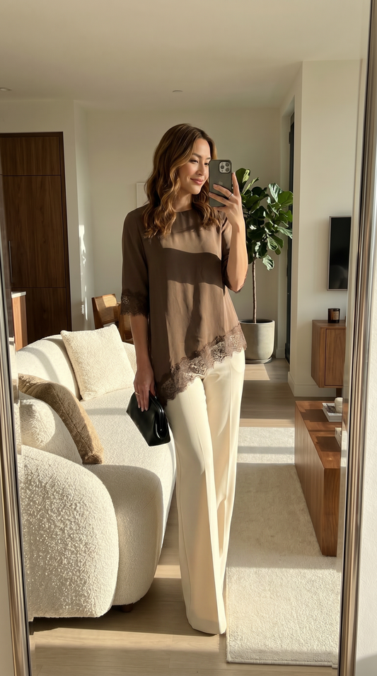 Chocolate Brown Lace Hem Top
