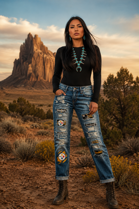 Steelers Game Day Distressed Patchwork Ripped Denim Jeans for Women