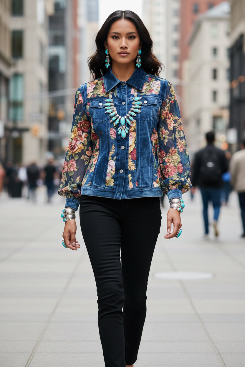 Blue Velvet Blouse with Floral Detail - SAVAGE ASH