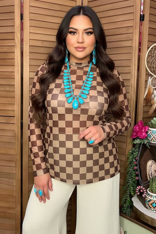Brown Checkered Mesh Mock Neck Top