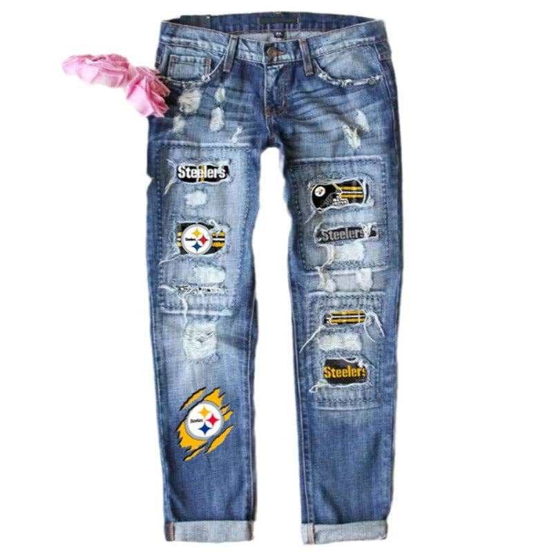 Steelers Game Day Distressed Patchwork Ripped Denim Jeans for Women