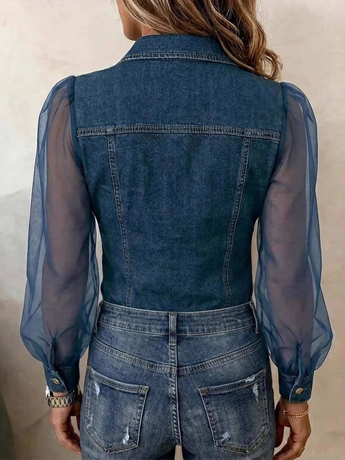 Denim Look Mesh Long Sleeve Blouse: Navy / S