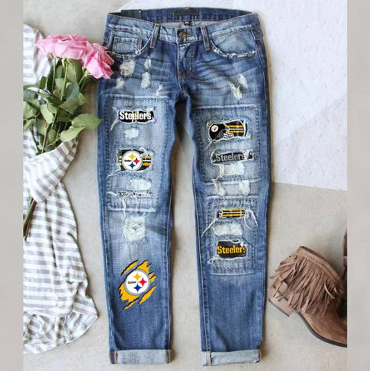 Steelers Game Day Distressed Patchwork Ripped Denim Jeans for Women