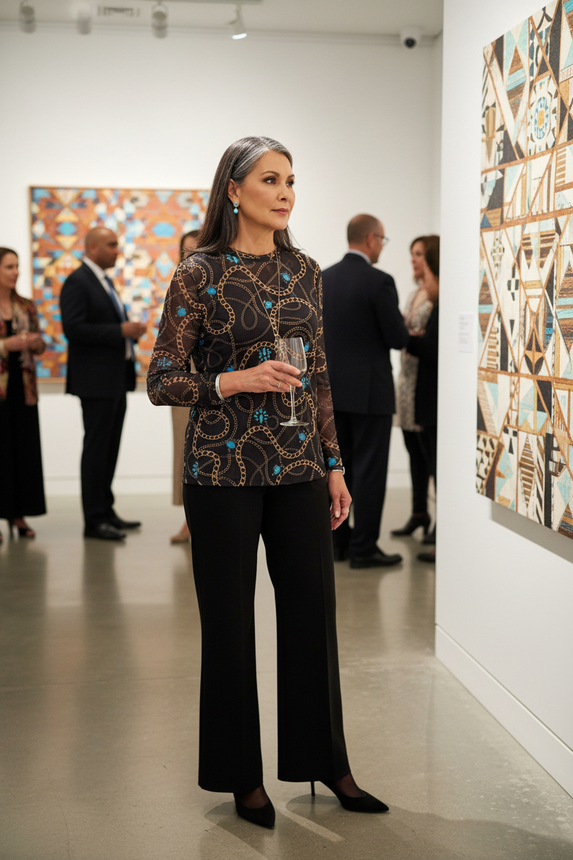Elegant mature Native American woman at art gallery with light jewelry