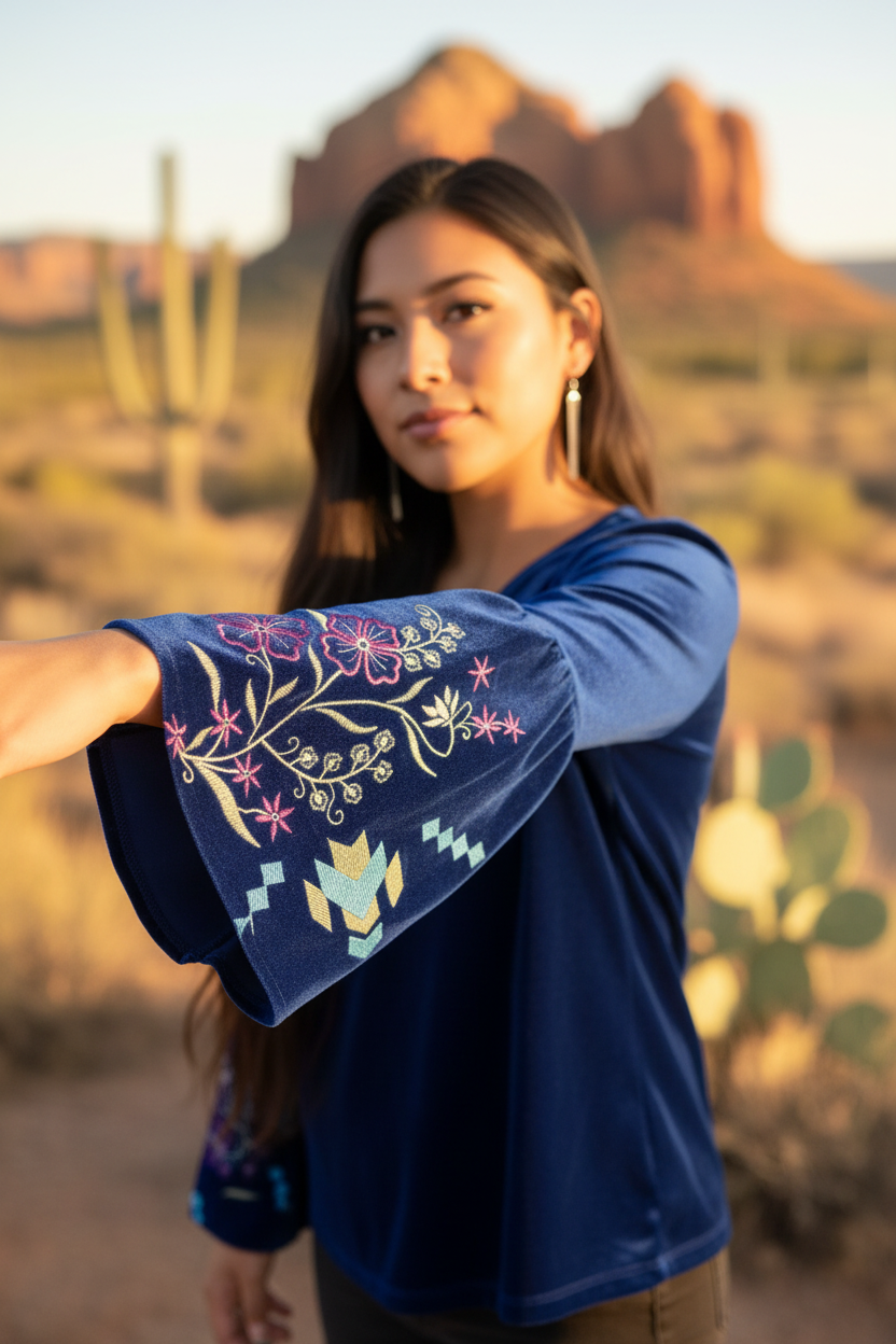 Embroidery detail pose