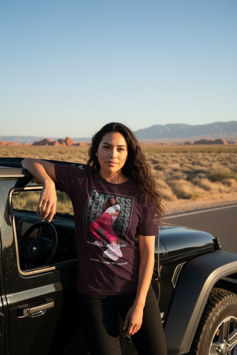 Fearless Oxblood Tee – Native American Woman Model in Jeep