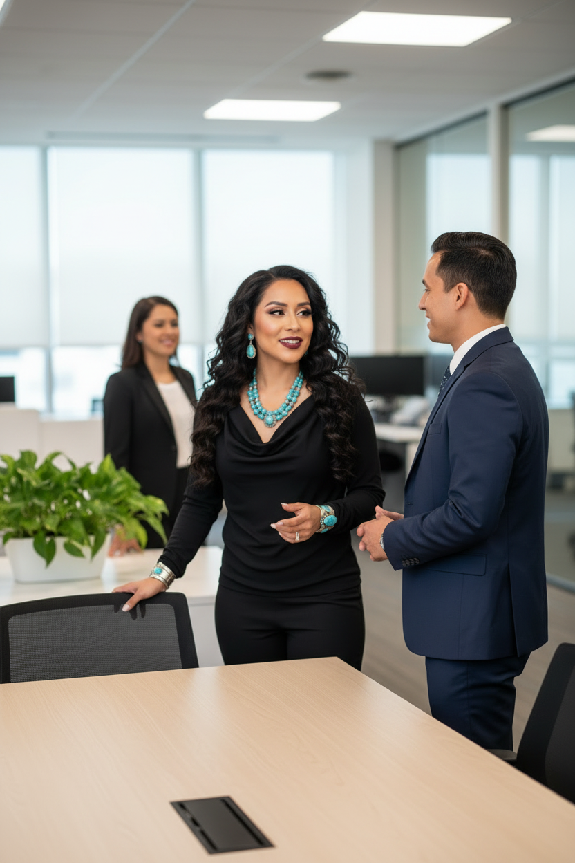 Full body shot of model in black cowl neck top talking with coworkers