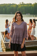 Gray-Purple Mauve Lace Top with White Shell Earrings
