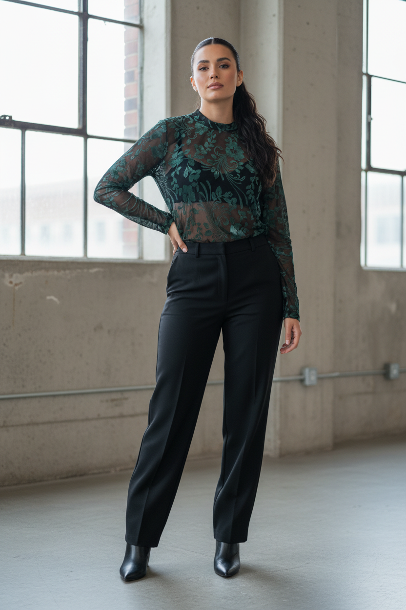 Hispanic model in floral mesh top