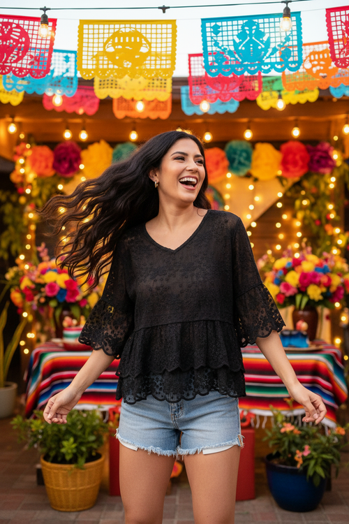 Hispanic model in lace top at fiesta