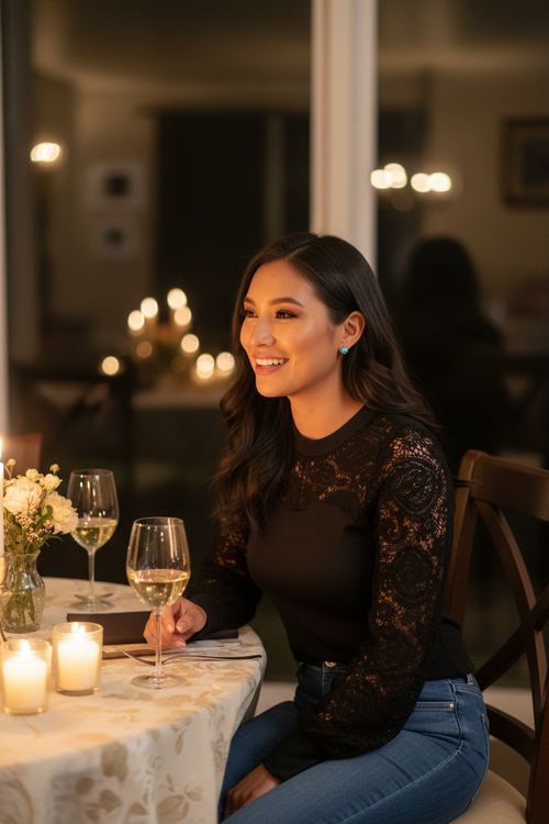 Model in true black lace top at romantic dinner