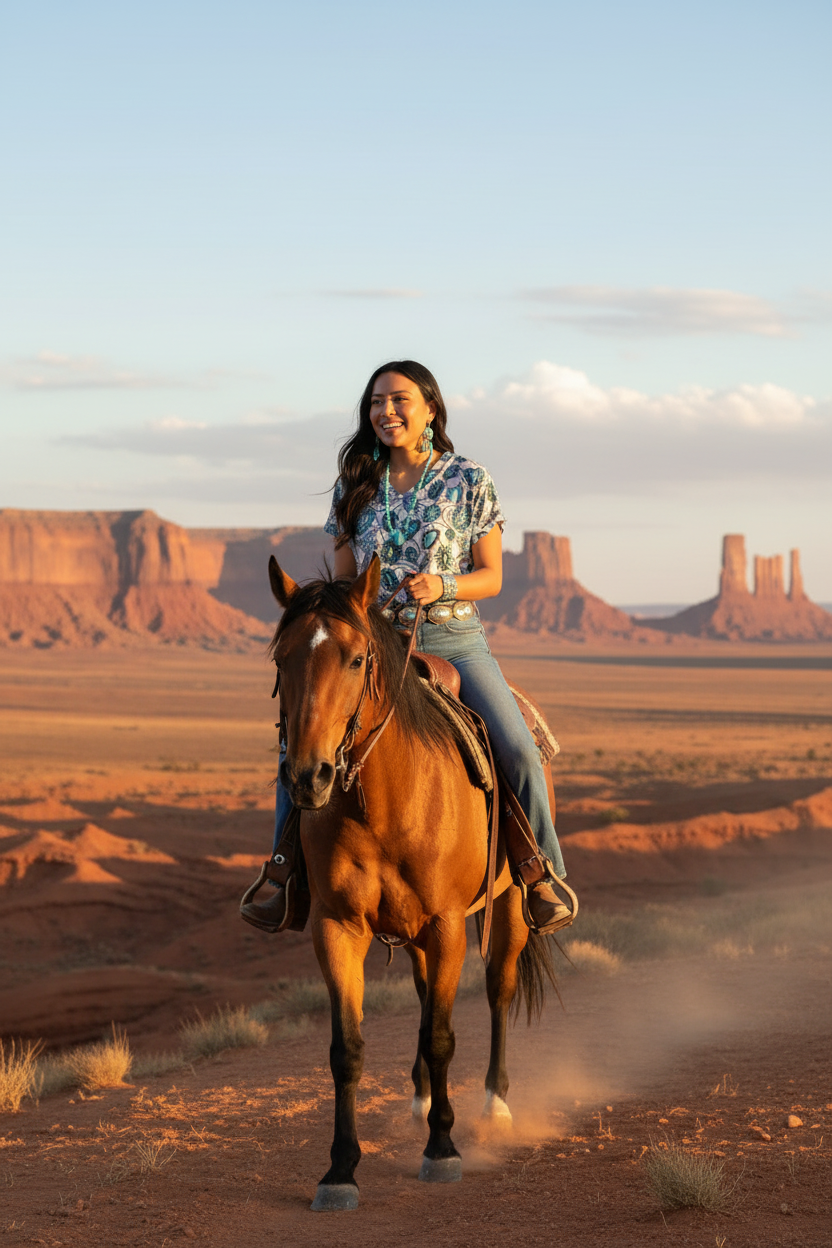 Model Riding Horse in Mountains