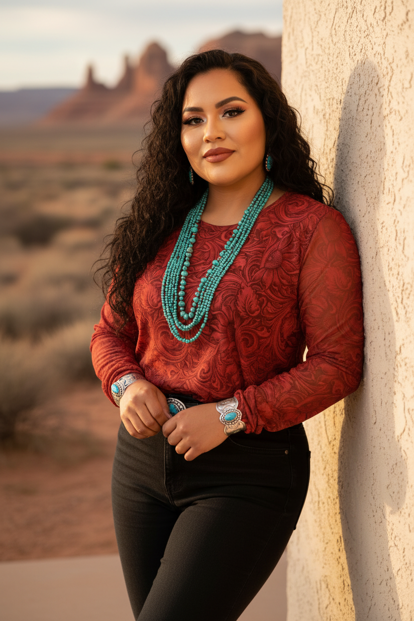 Desert Rose Tooled Mesh Top