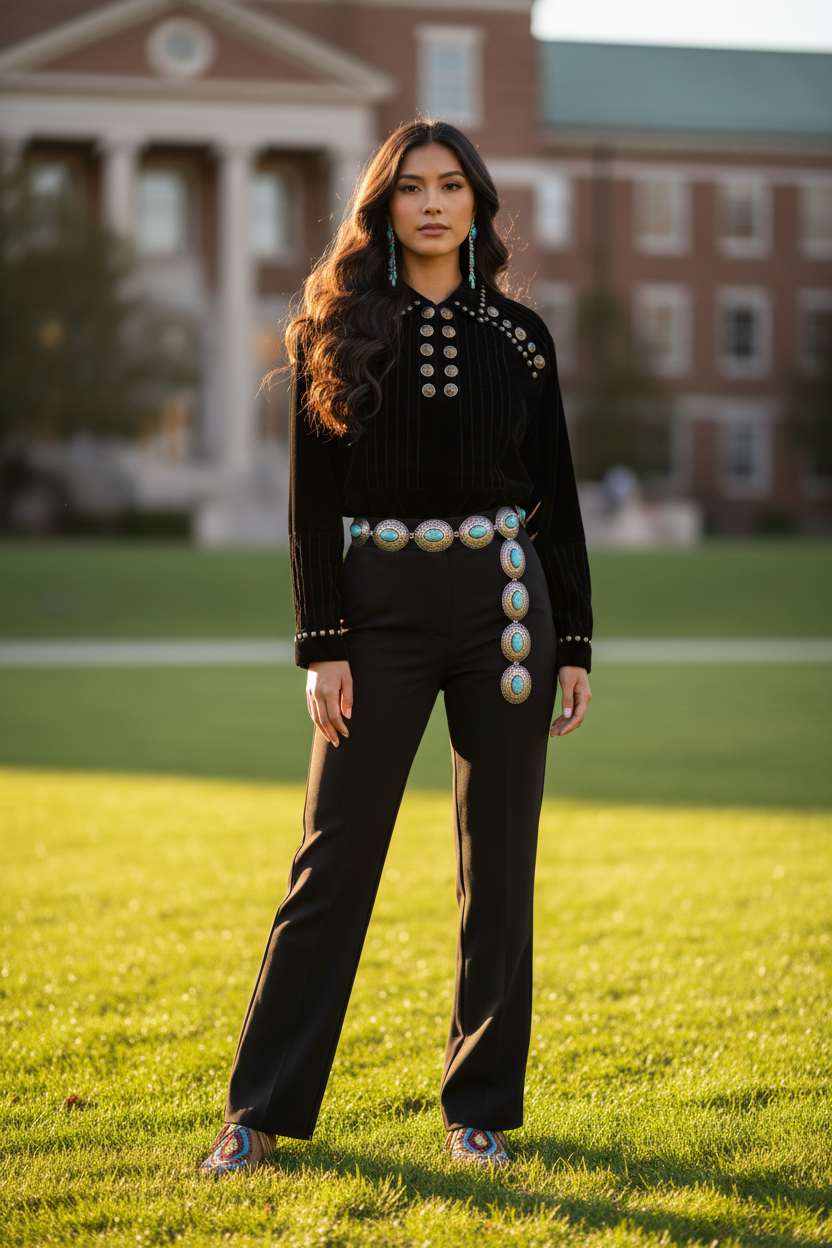 Modern young Native American model in black velvet concho top