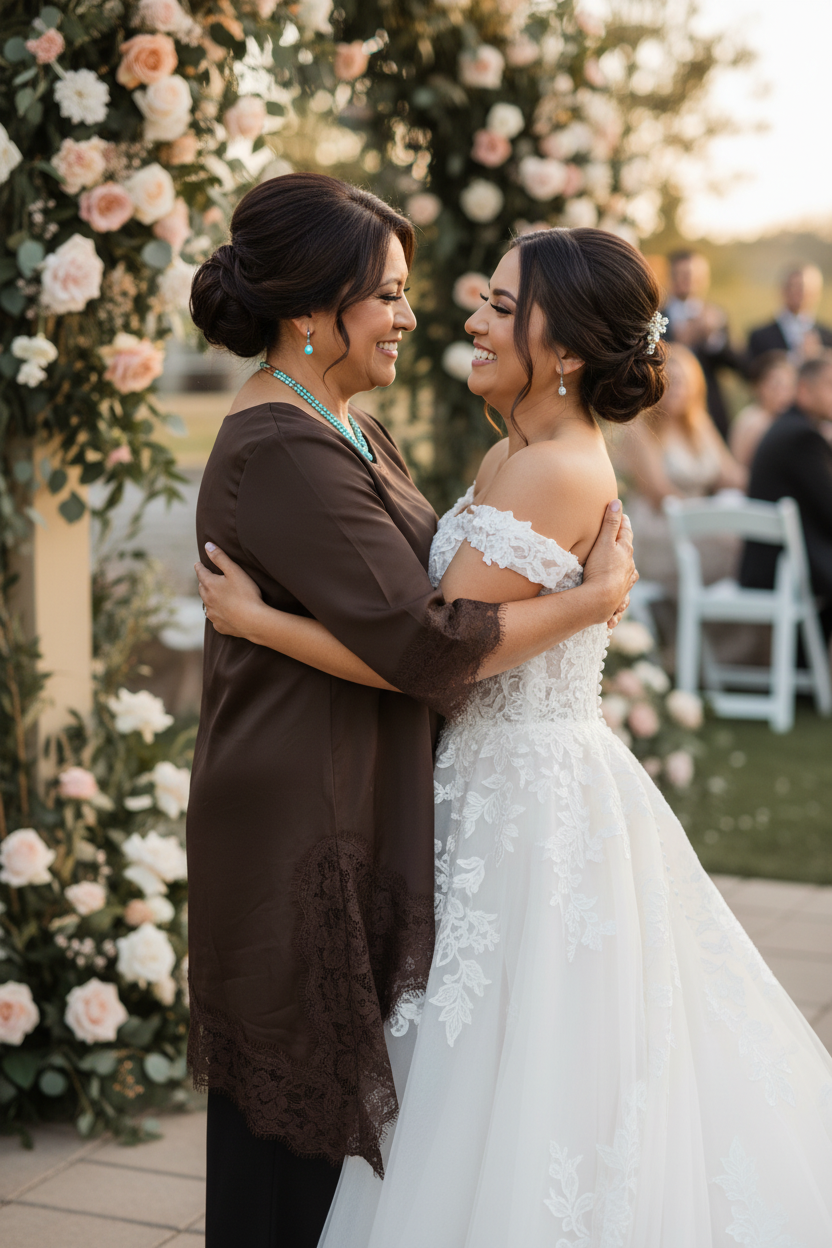 Mother of the bride in chocolate brown hip-length lace hem top