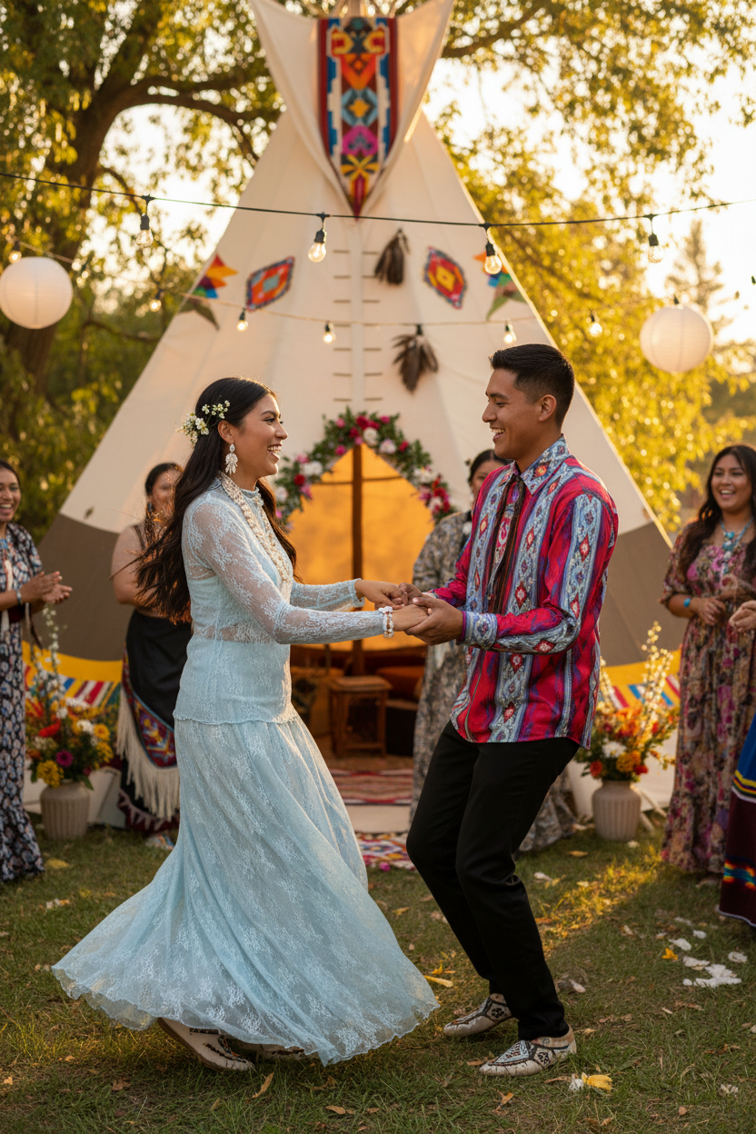 Native American couple dancing at traditional wedding with tipi