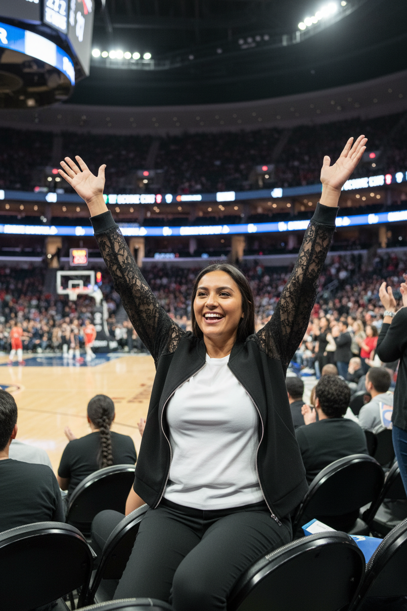 Native American model at basketball game