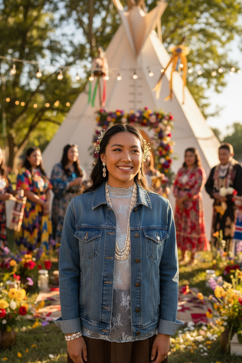 Native American model at traditional wedding with tipi