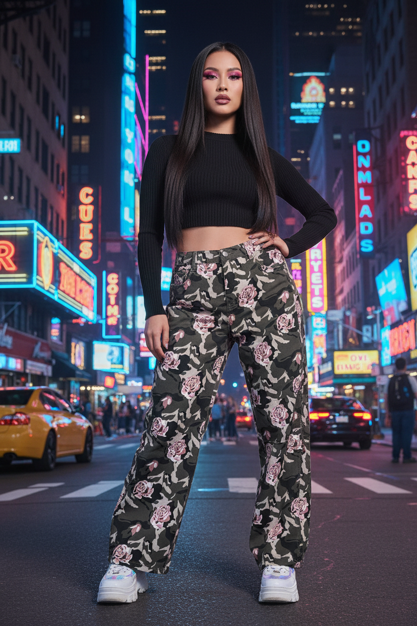 Native American Model - Camo Rose Pants K-pop Vibes