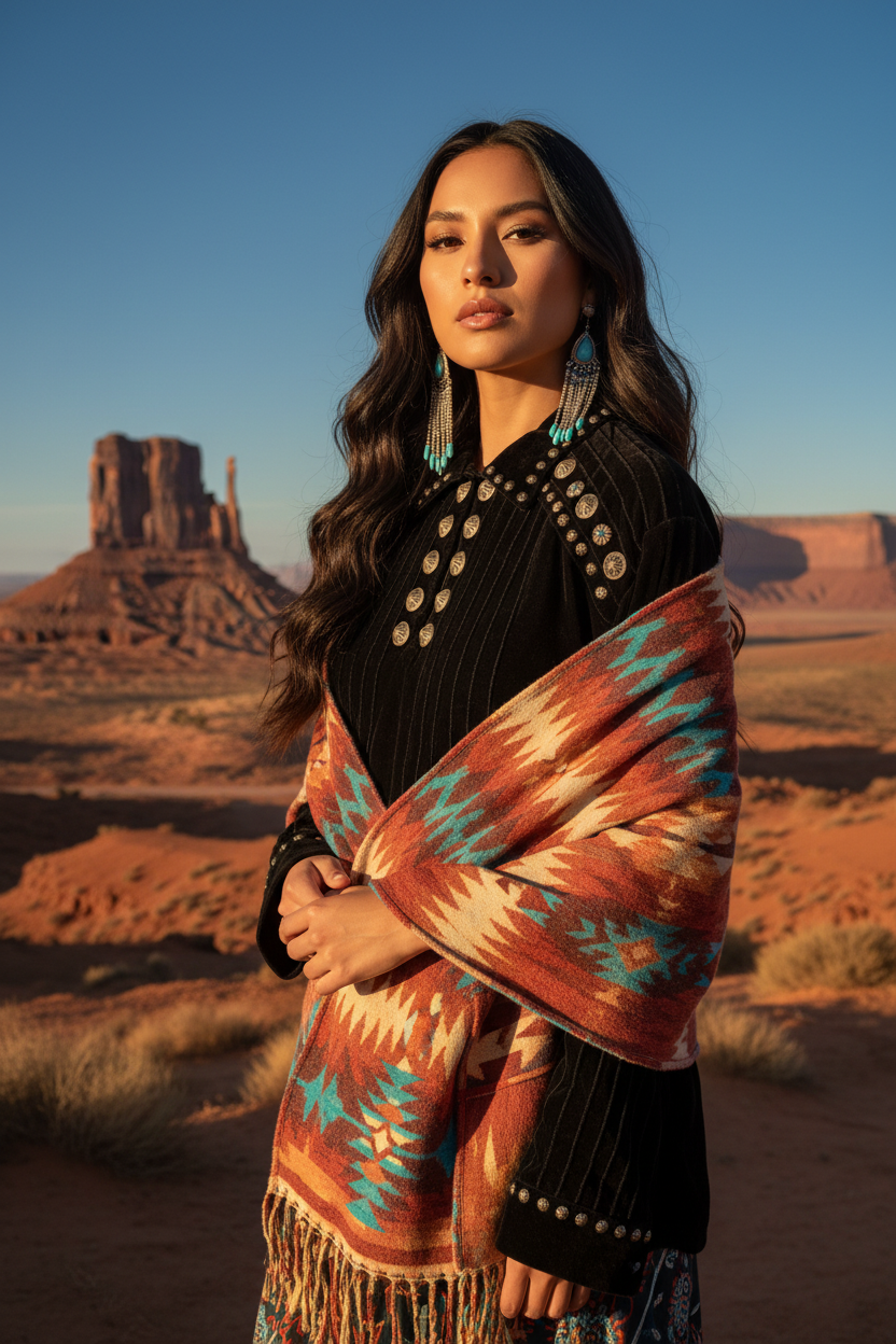 Native American model in black concho velvet top at Monument Valley