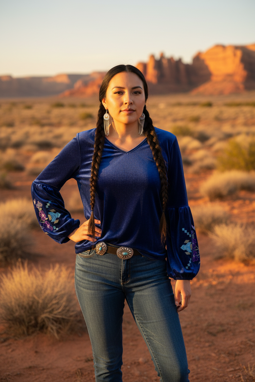 Native American model in blue velvet top