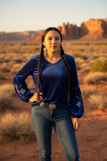 Native American model in blue velvet top