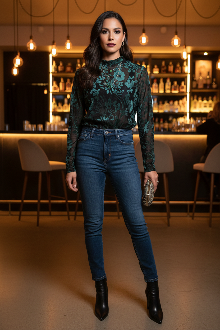 Native American model in floral mesh top at bar