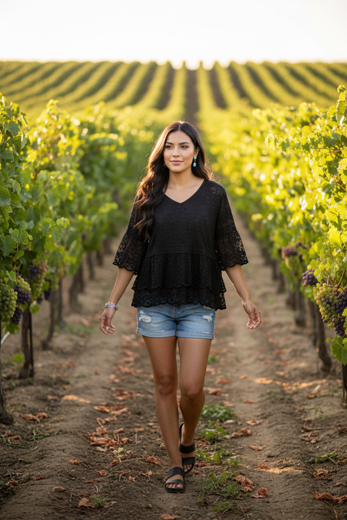 Native American model in lace top at vineyard