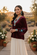 Native American model in maroon velvet top at wedding