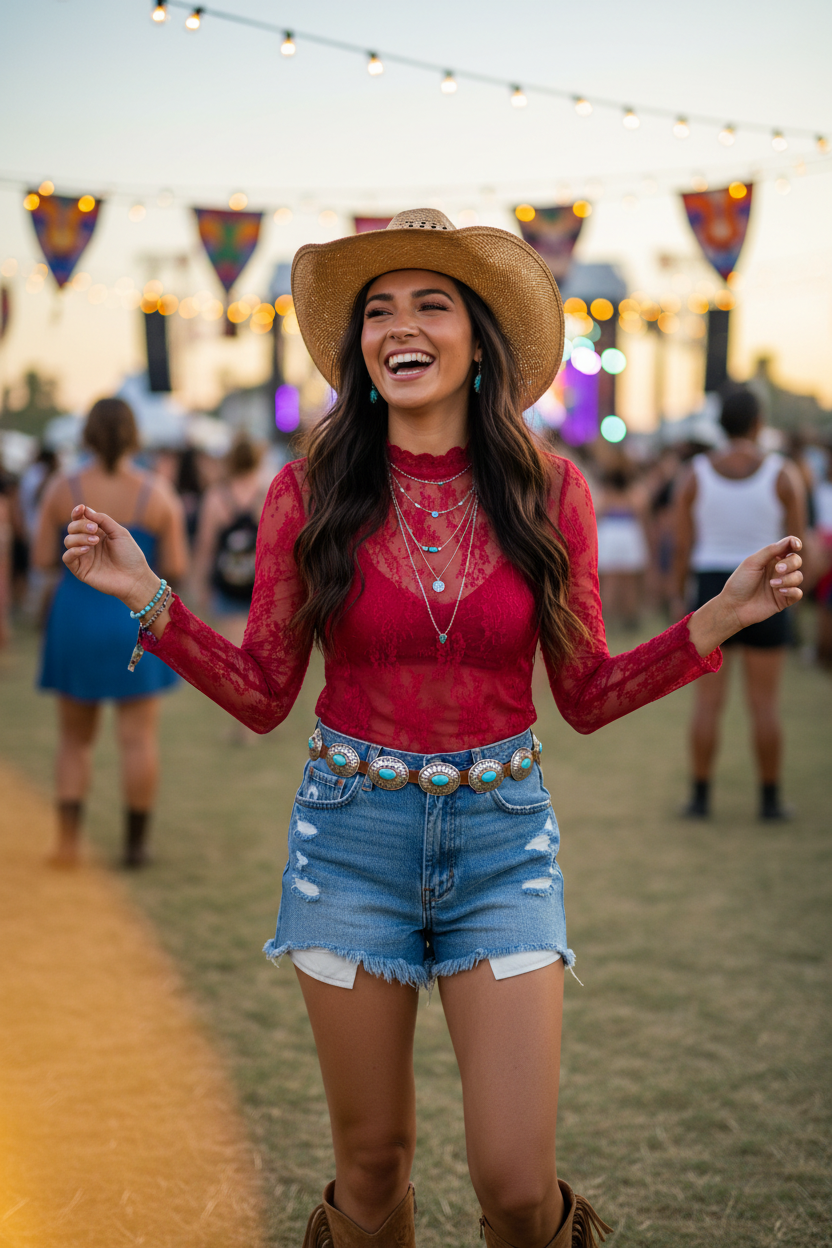 Native American model in red lace top at summer outdoor festival