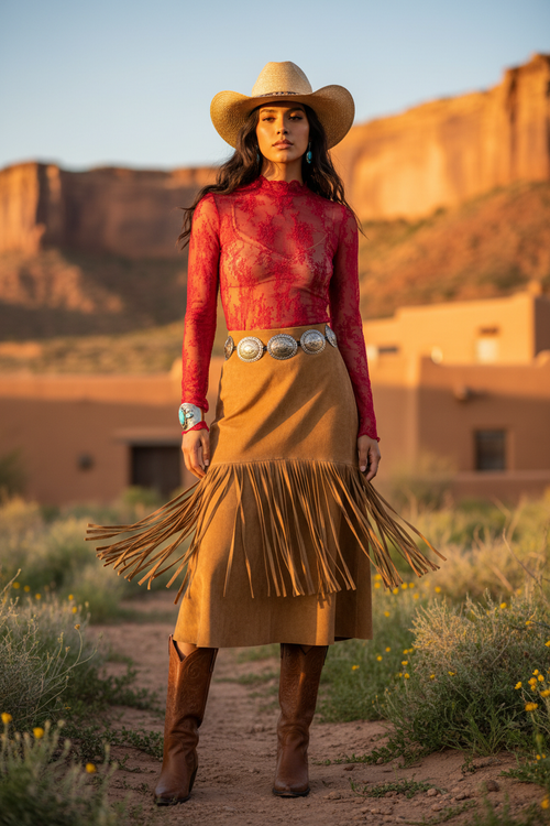 Native American model in Southwest chic styling with red lace top