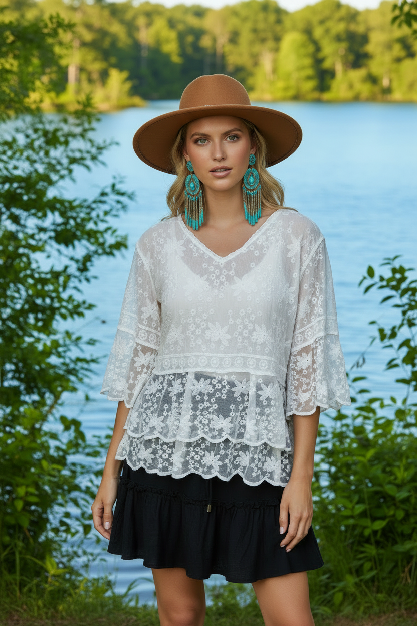 Native American Model in White Lace Top at Summer Lake