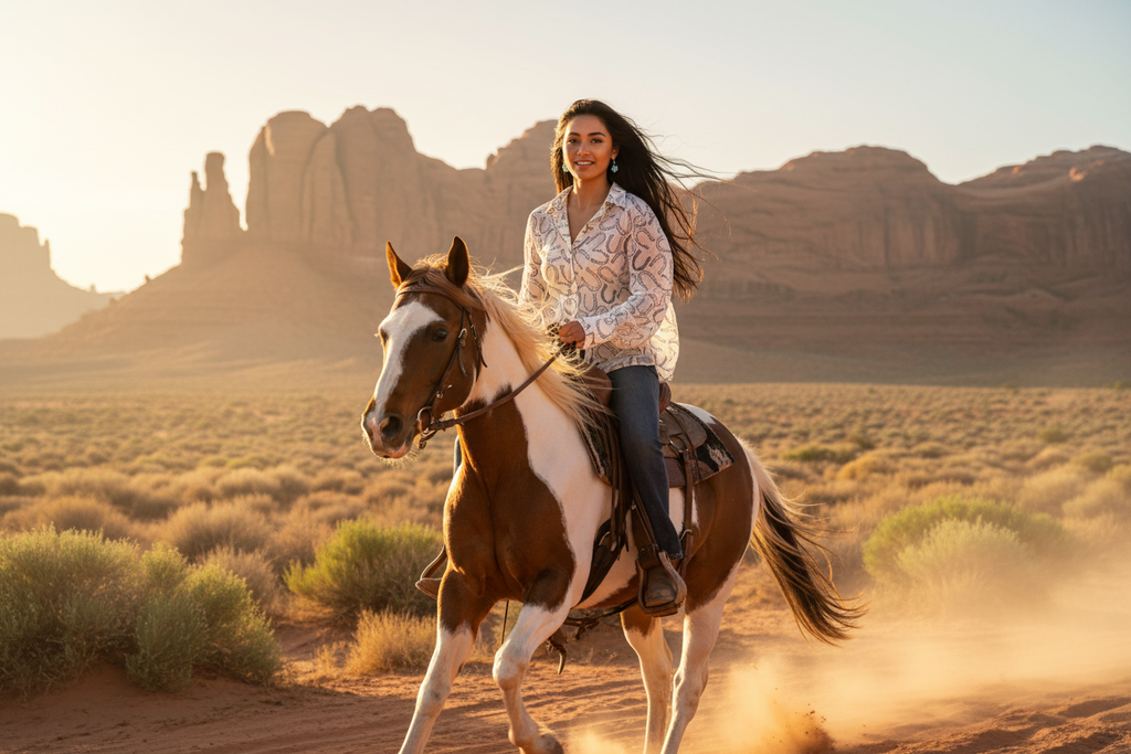 Native American model on horseback eyes open