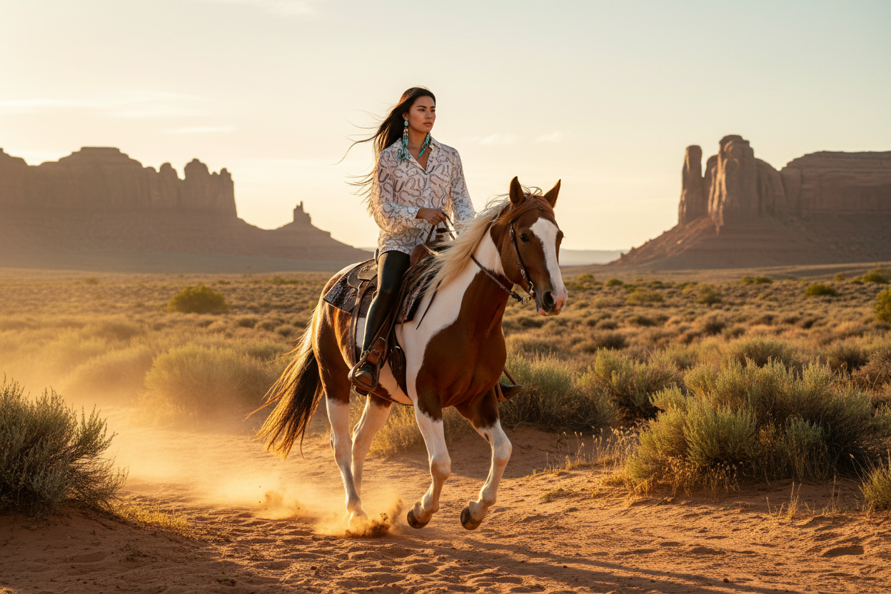 Native American model riding horse in Southwest desert wearing horseshoe print top