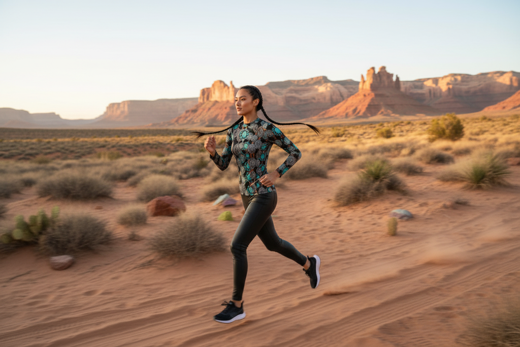Native American model running in desert wearing concho print top