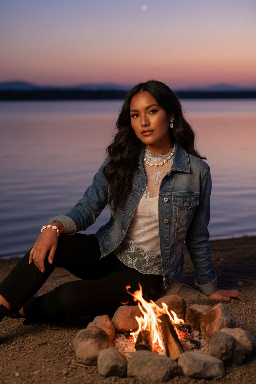 Native American model sitting at lake edge with campfire