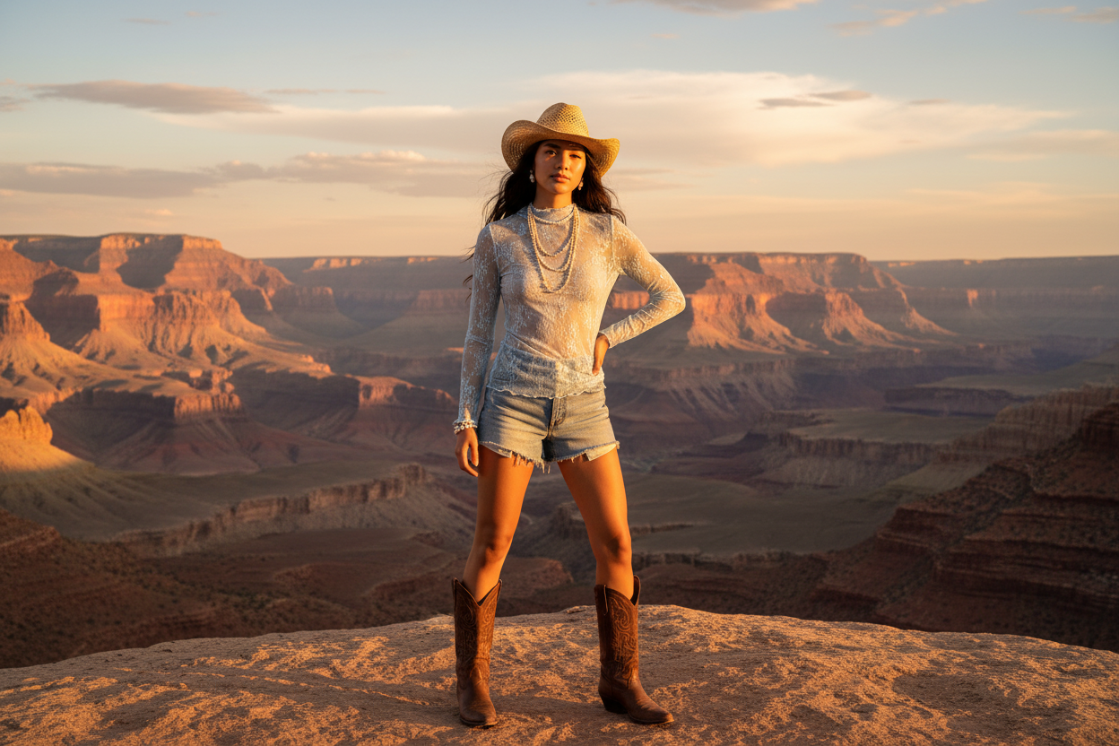 Native American model standing on mesa top overlooking Southwest canyon