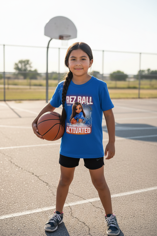 Rez Ball Activated Tee – Native American Youth Model Playing Basketball