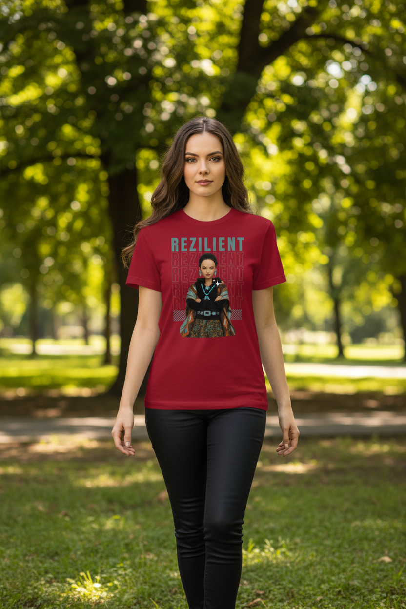 Rezilient Cardinal Tee – Native American Woman Model Walking in Park