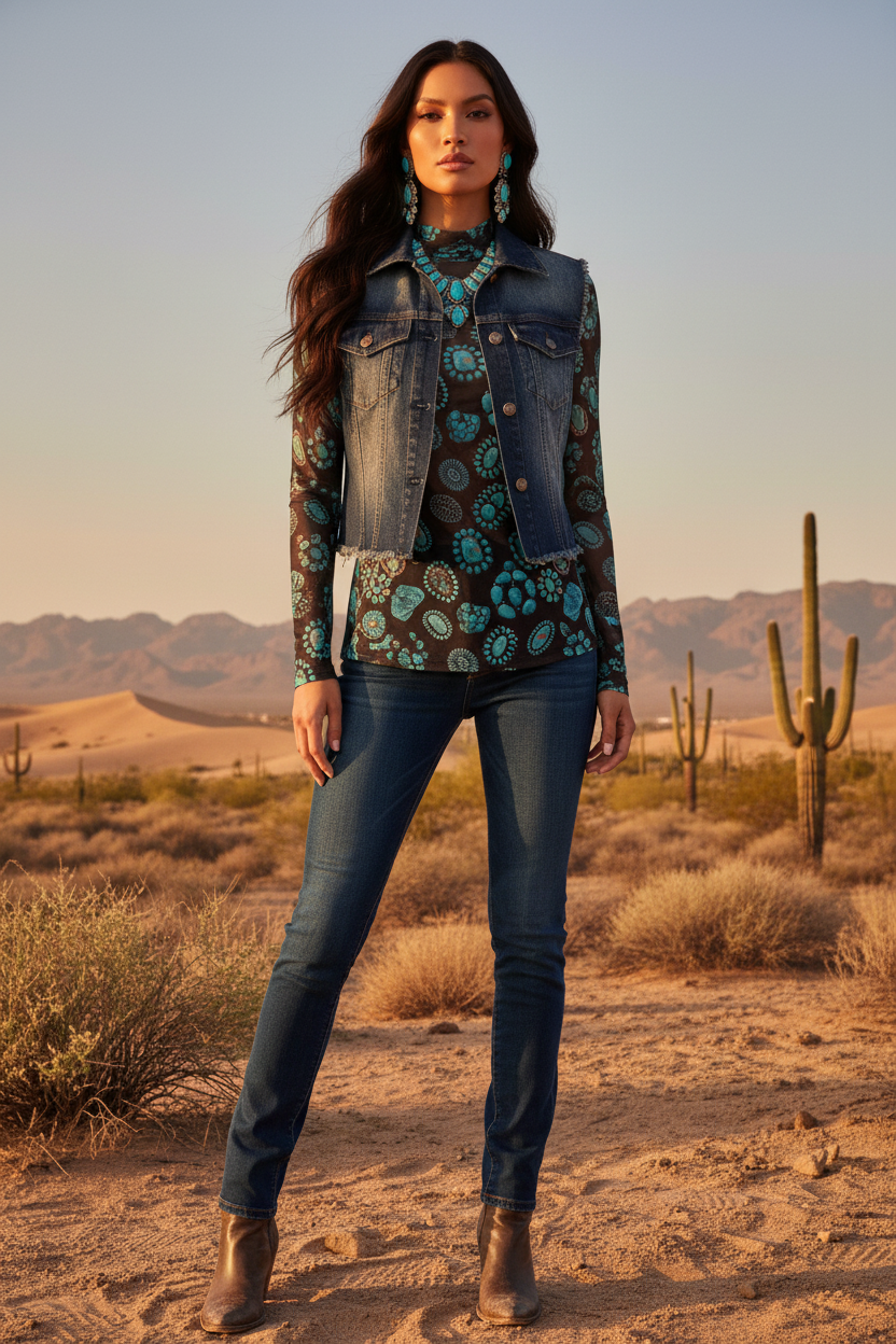 Turquoise Print Top with Denim Vest