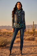 Turquoise Print Top with Denim Vest
