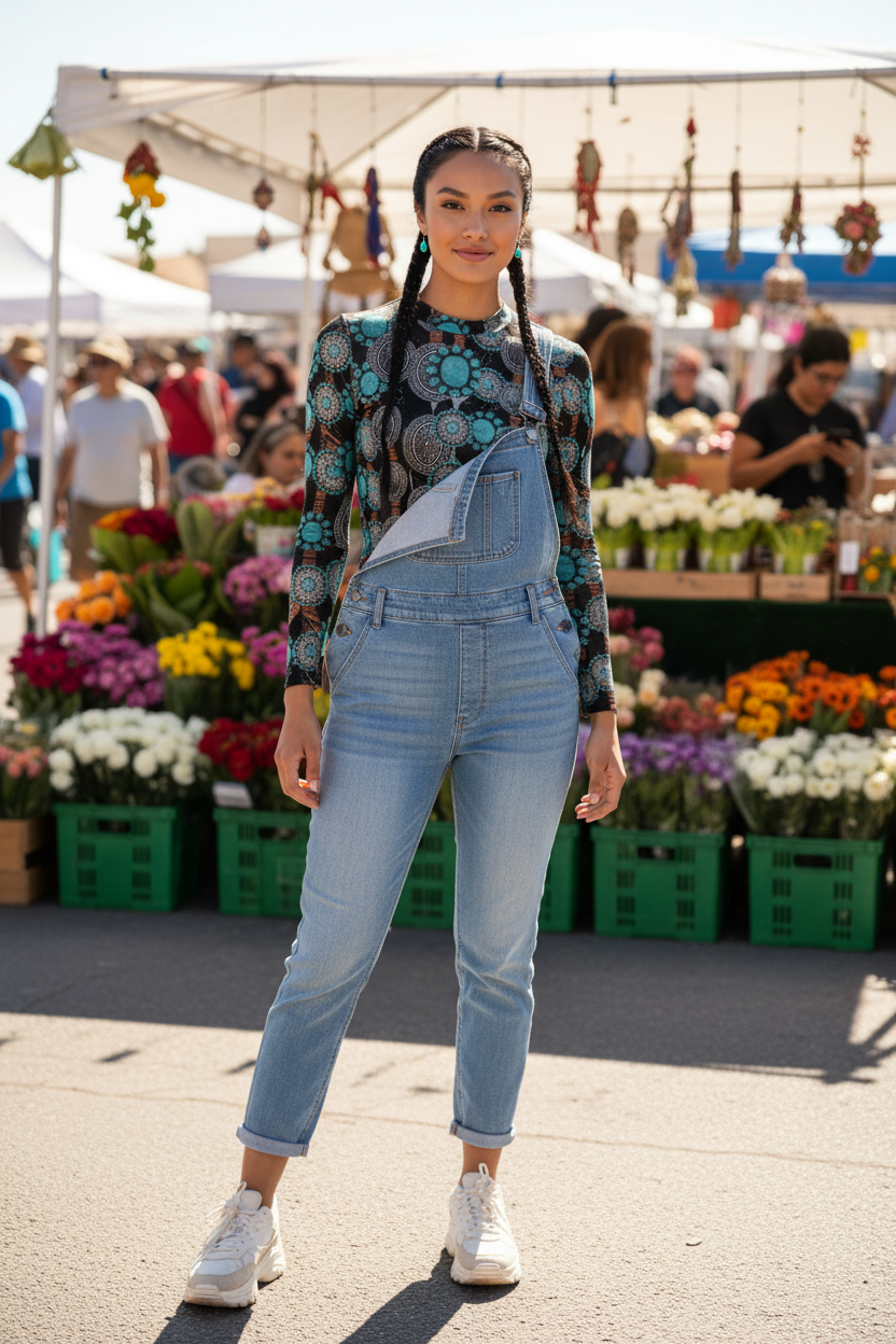 Young Native American model in overalls at farmers market